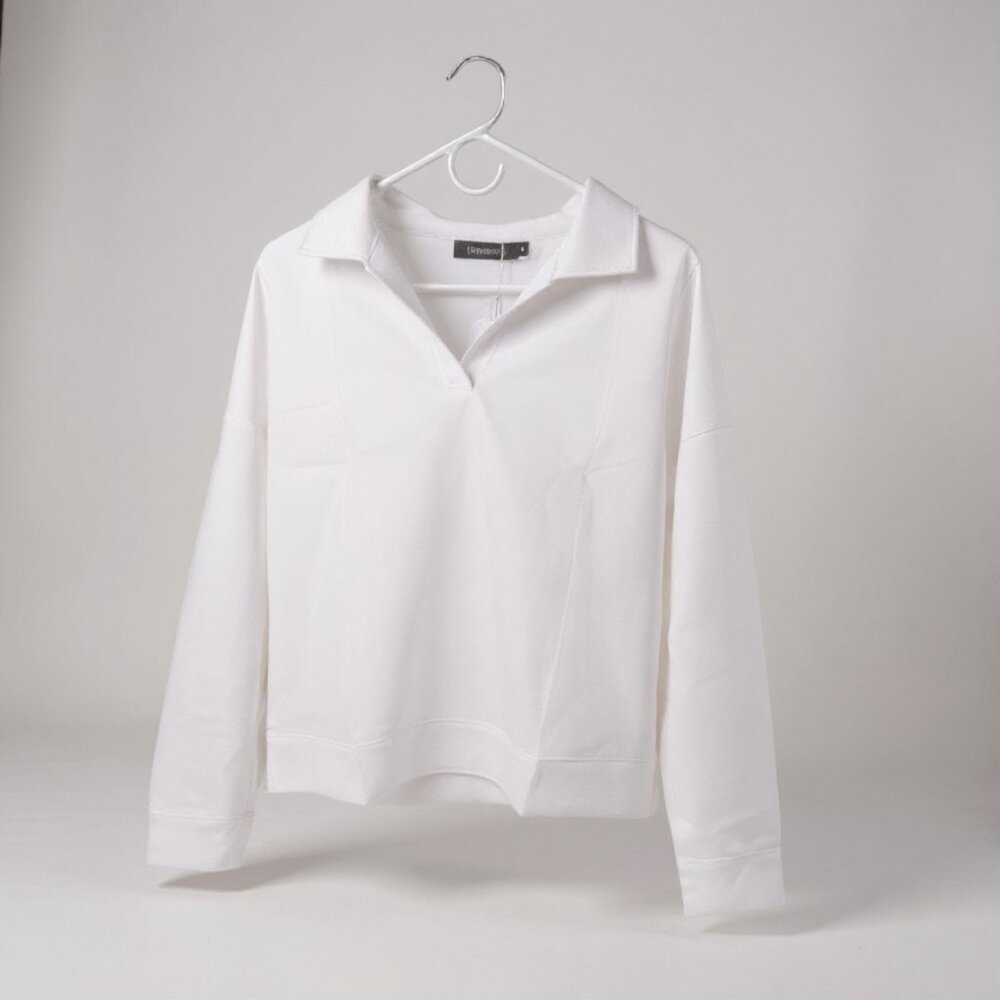 Merokeety V-Neck Sweatshirt Women Large White Long Sleeve Lapel Casual Pullover - Picture 2 of 7